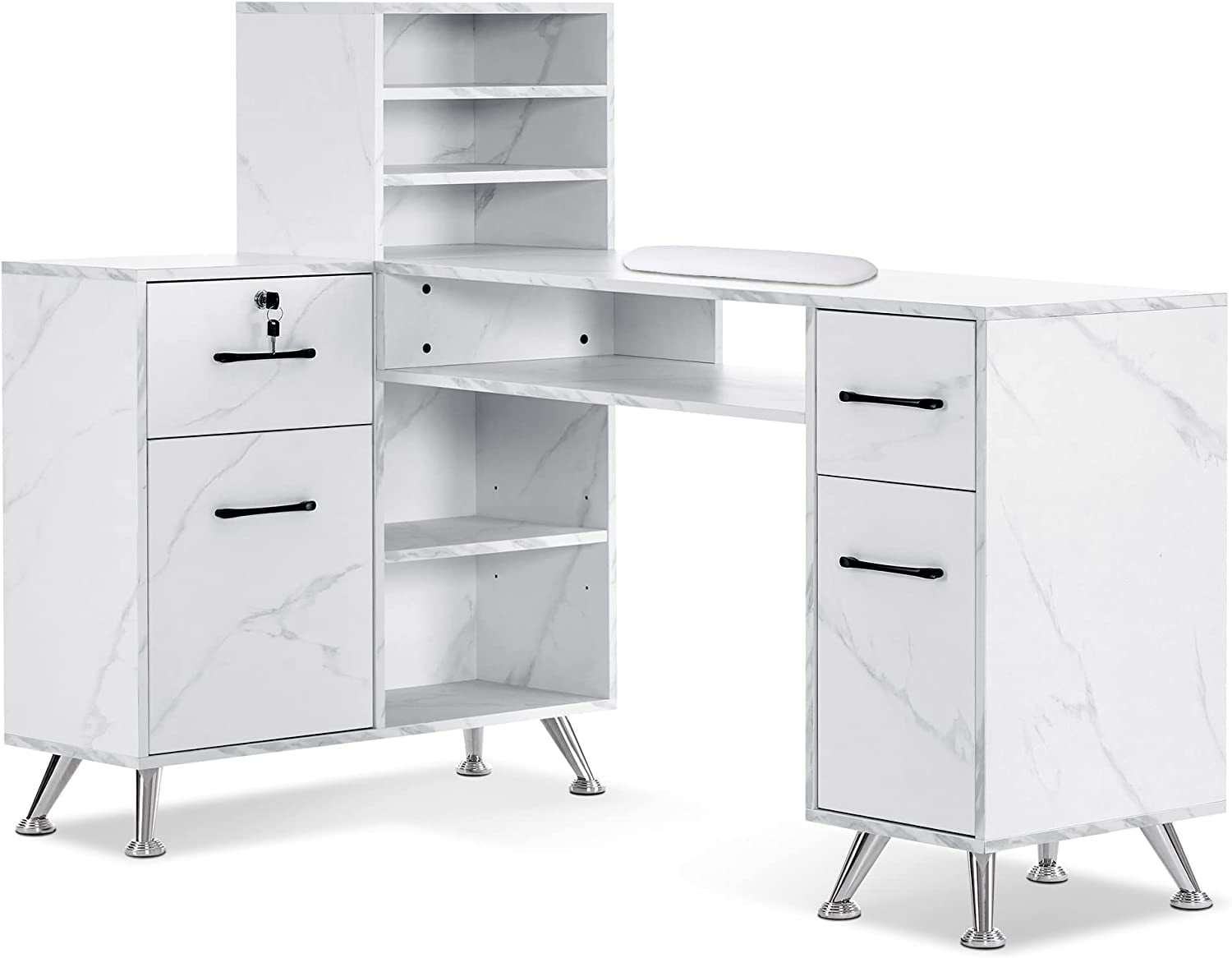 BarberPub Beauty Station LShaped Manicure Table with Storage, Salon