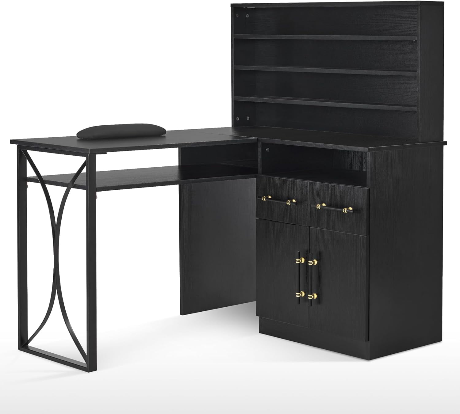 Black Wood L-Shaped Corner Desk with Drawer and Filing Cabinet