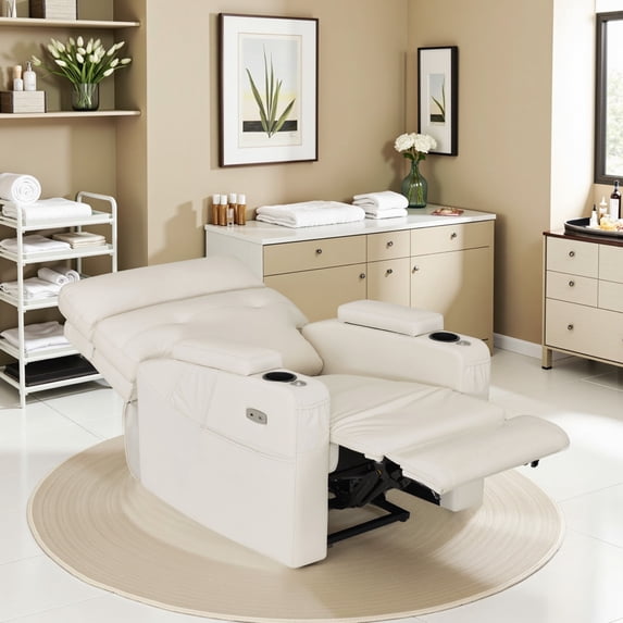BarberPub Lay Flat Power Recliner with Hidden Arm Storage, Swivel Tray Table, PU Leather, Beige