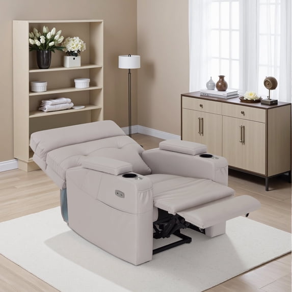 BarberPub Lay Flat Power Recliner with Hidden Arm Storage, Swivel Tray Table, PU Leather, Grey