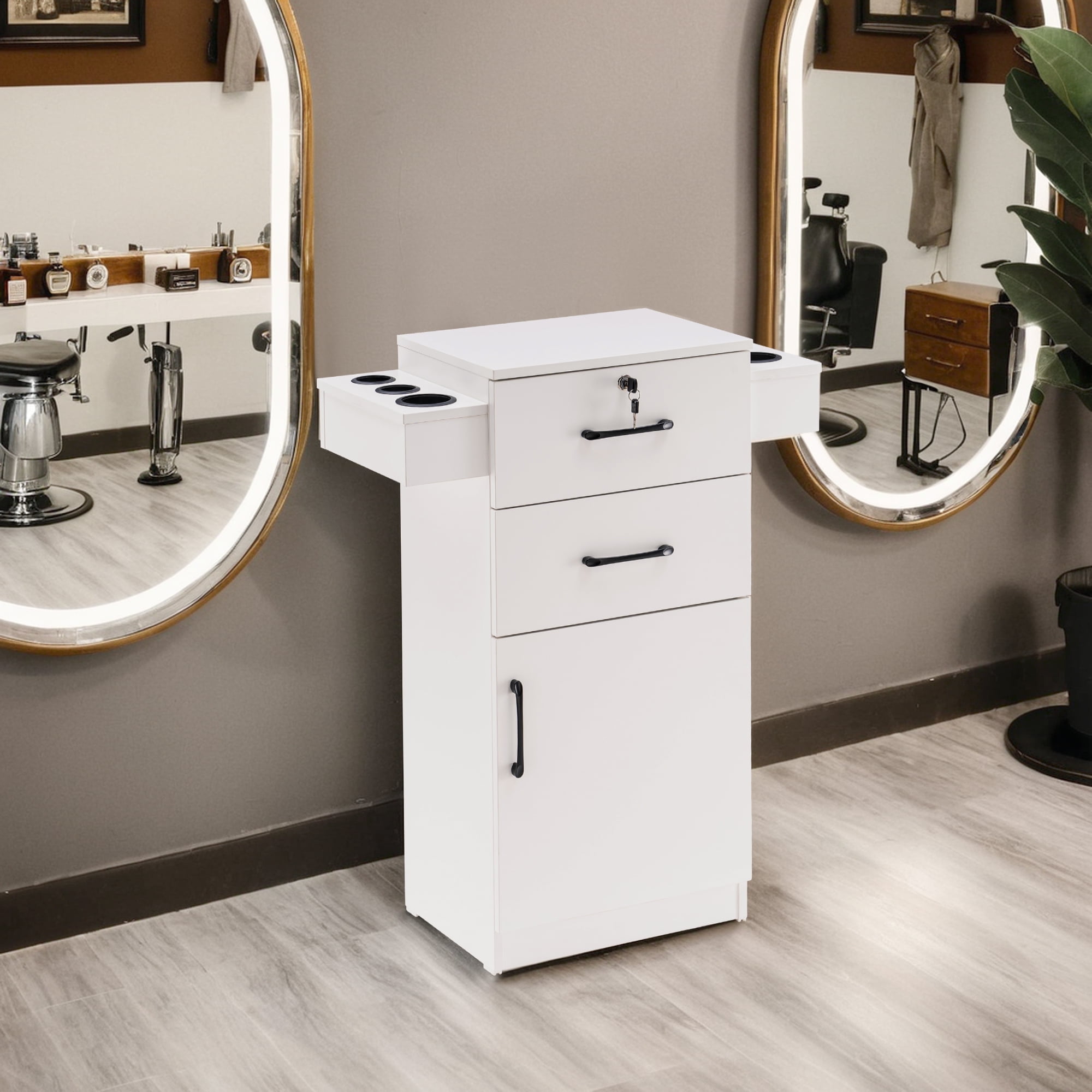 White MDF Beauty Salon Cabinet with Locking Drawers and Tool Holsters
