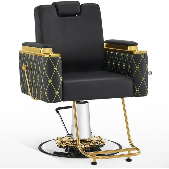 BarberPub Luxurious Barber Chair with Heavy-duty Hydraulic Pump, Adjustable Reclining Salon Chair for Hair Stylist, Gold&Black Hair Styling Chair, Barbershop, Home Salon, Salon&Spa Chair 8623