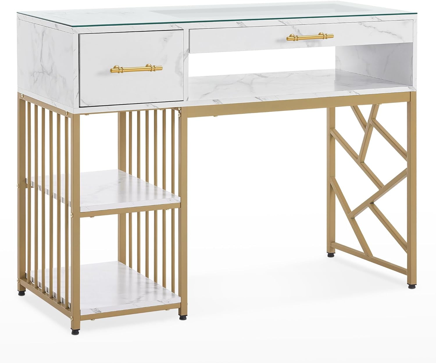 White and Gold Glass Top Manicure Table with Storage Drawers