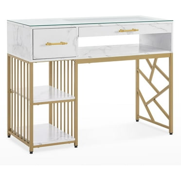 BarberPub Makeup Vanity Desk with Display Drawer, Storage Shelf, Nail Desk with Glass Top