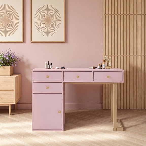 BarberPub Makeup Vanity Desk with Drawer, Manicure Table with Metal Leg