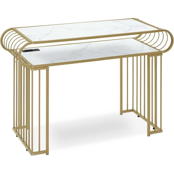 BarberPub Makeup Vanity Desk with Power Sockets, Nail Desk with Metal Frame