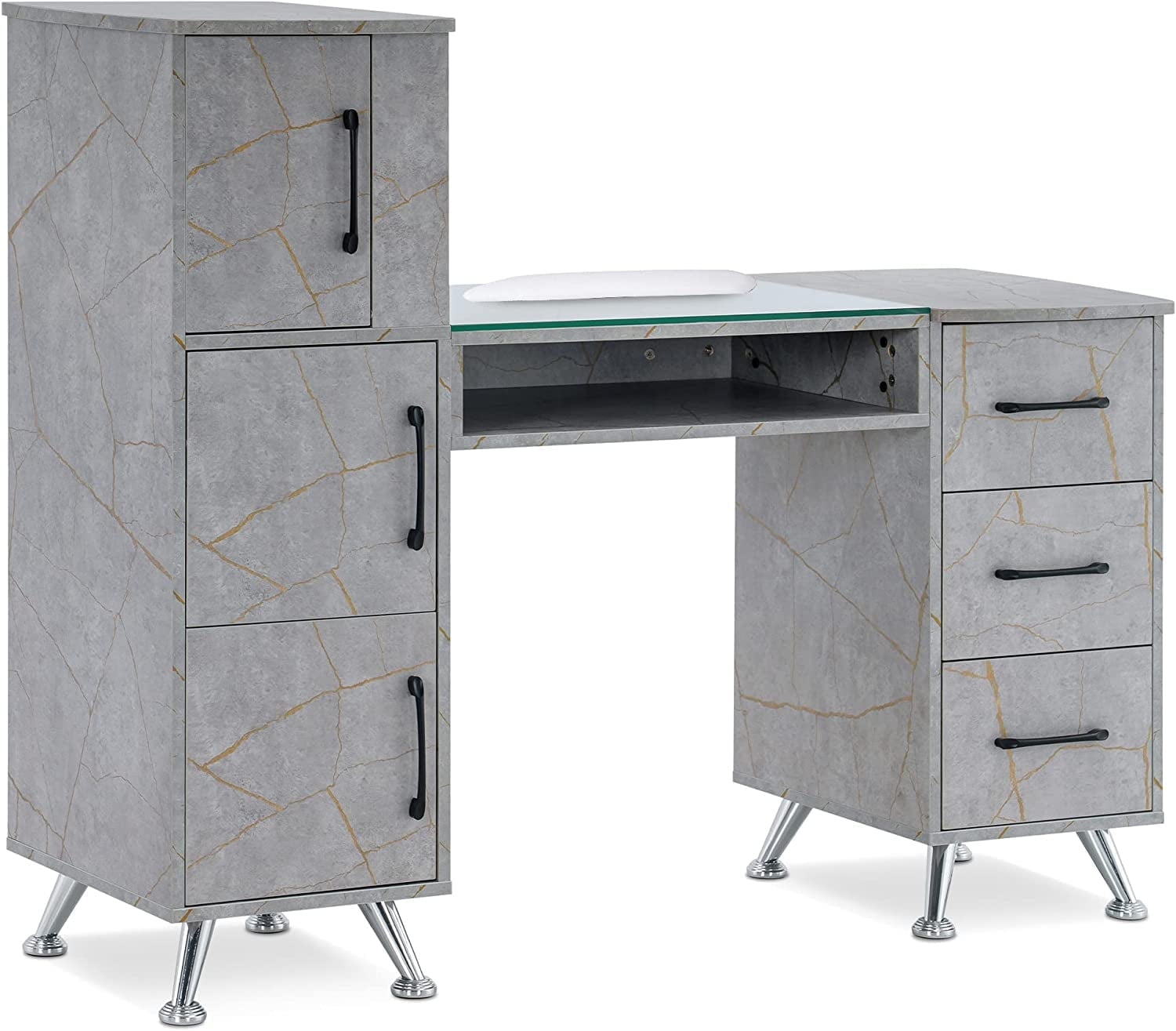 Gold and Gray Marble Manicure Table with Storage Drawers