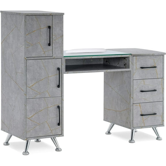 BarberPub Makeup Vanity Desk with Storage Drawer and Cabinet, Nail Desk with Glass Top