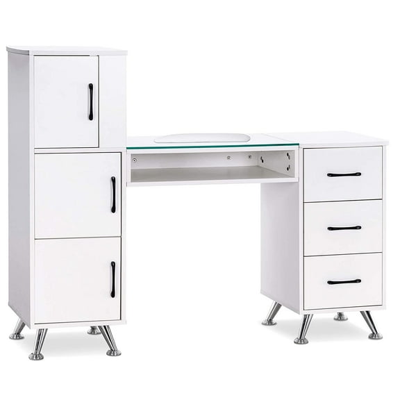 BarberPub Makeup Vanity Desk with Storage Drawer and Cabinet, Nail Desk with Glass Top