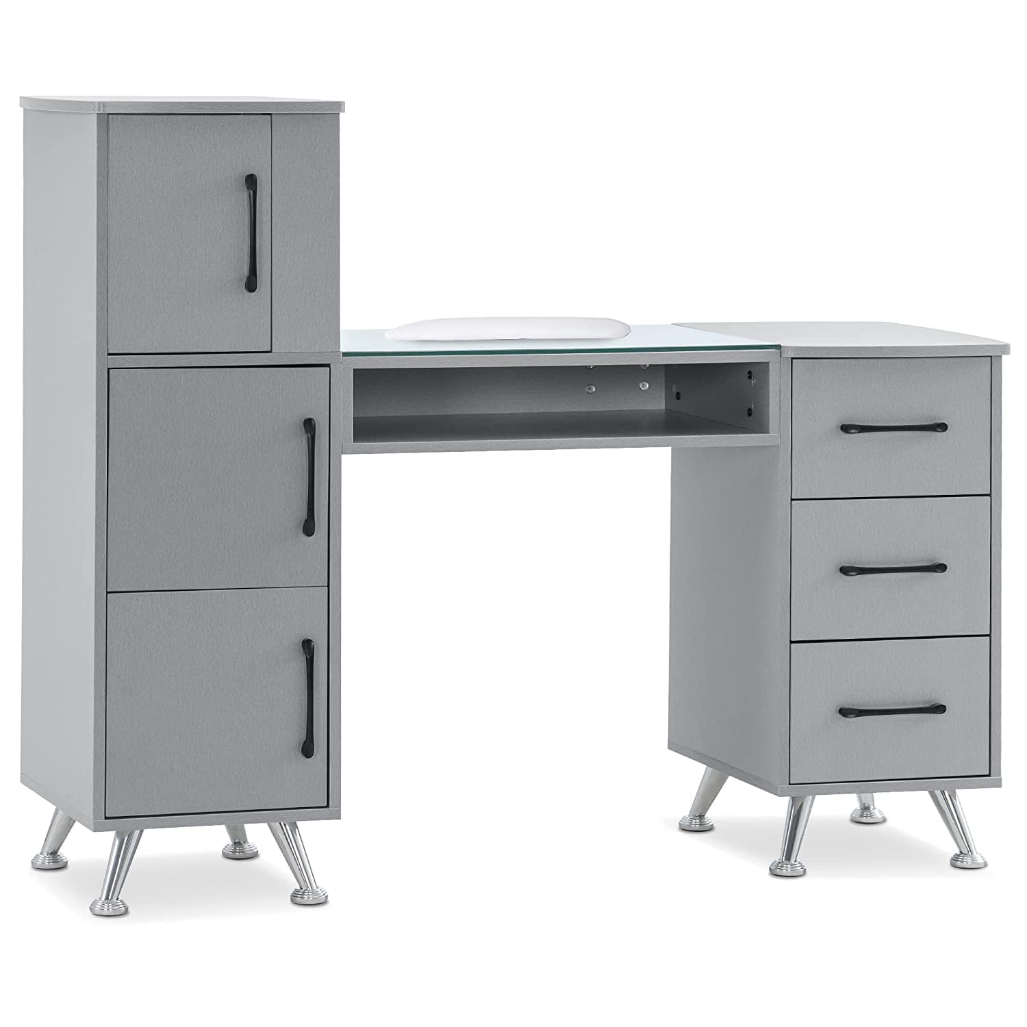 Silver Glass Top Manicure Desk with Drawers and Filing Cabinet