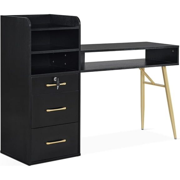 BarberPub Makeup Vanity Desk with Storage Drawer and Cabinet, Nail Desk with Golden Handles & Legs