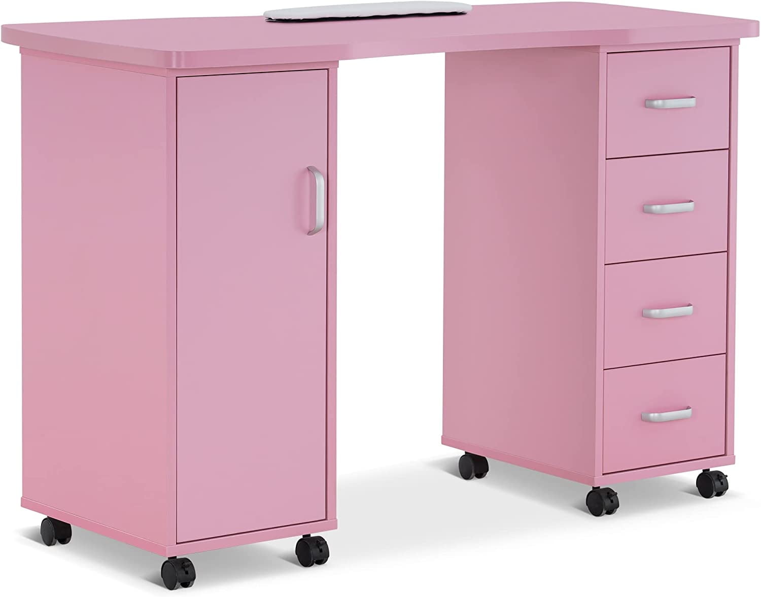 Pink Ergonomic Nail Desk with Drawers and Filing Cabinet