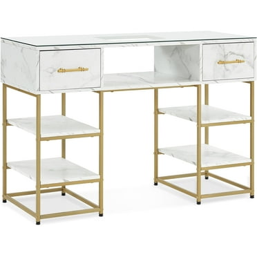 BarberPub Makeup Vanity Desk with Storage Shelf, Nail Desk with Glass Top