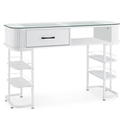 BarberPub Manicure Table Acetone-Resistant Nail Tech Desk with Glass Top, Storage Shelves Beauty Makeup StationWhite