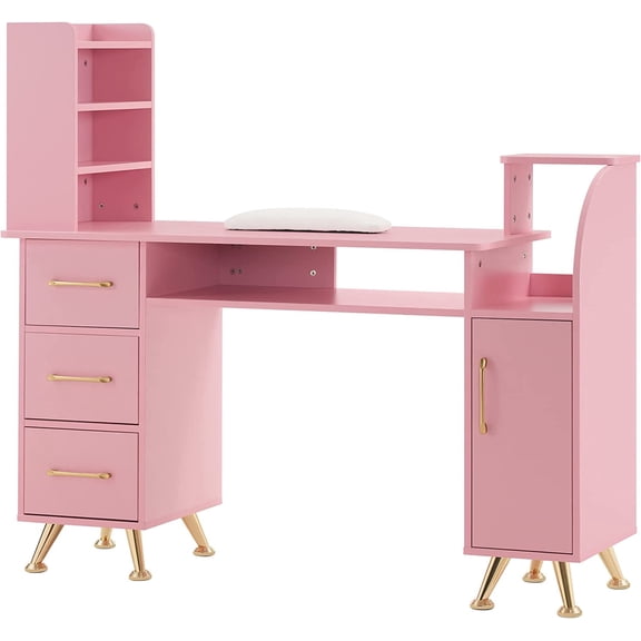 BarberPub Manicure Table Makeup Nail Desk with Wrist Cushion Particle Board Salon Storage 2636