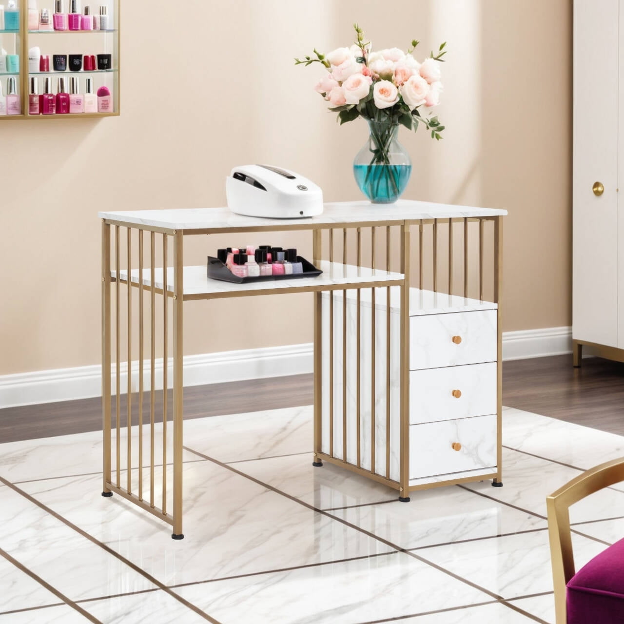 White and Gold Rectangular Writing Desk with Drawers