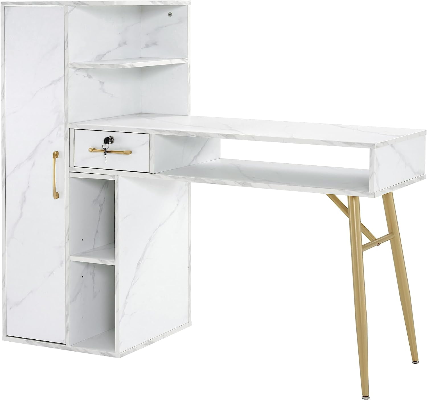 BarberPub Manicure Table, Nail Desk with Marble Texture, Nail Table with Cabinet 2622