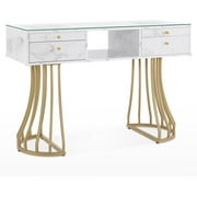 BarberPub Manicure Table Nail Tech Desk with Glass, Acetone Resistant 19.7x 47.2 in, White, 1 Count, 1 Pack