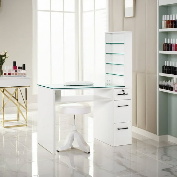 BarberPub Nail Desk with Galss Top, Manicure Table with Drawers and Storage Shelves