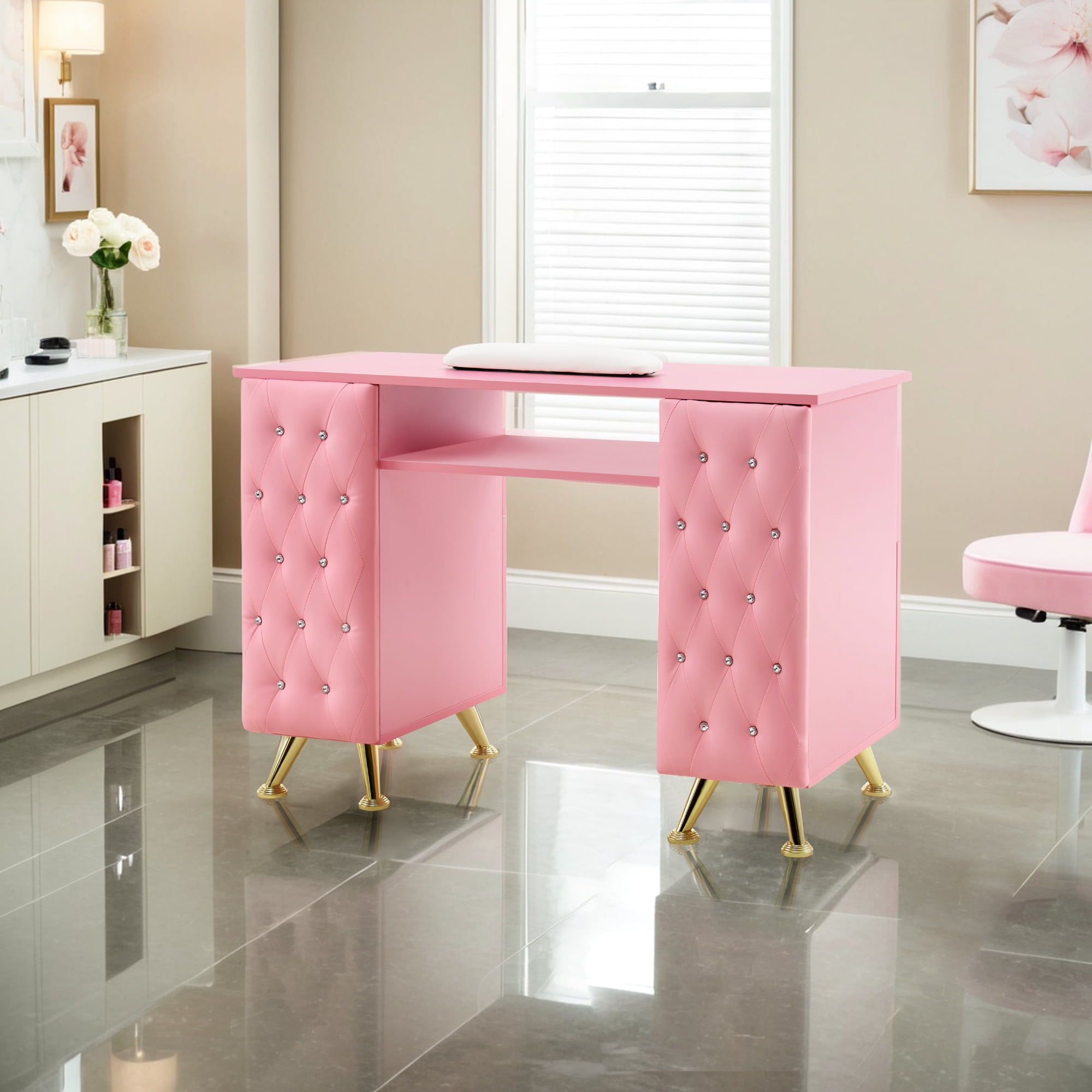 Pink Acetone Resistant Manicure Table with Drawers and Gold Legs