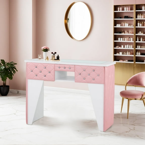 BarberPub Pink Glass-Top Manicure Table Nail Desk with Drawers, Modern Beauty Salon Nail Station