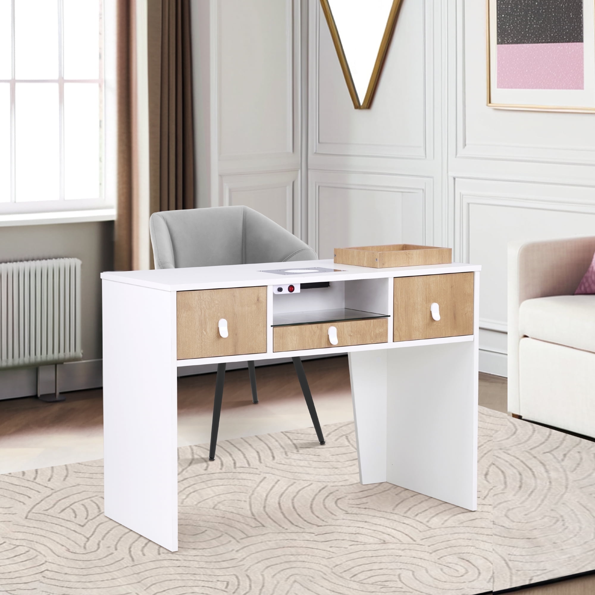 BarberPub Manicure Table with Electric Dust Collector & 2 Dust Bags, Nail Desk with Built-In Socket