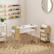 BarberPub Marble Top Manicure Table Nail Tech Desk with Pegboard Panel, Built-In Outlets, USB Ports
