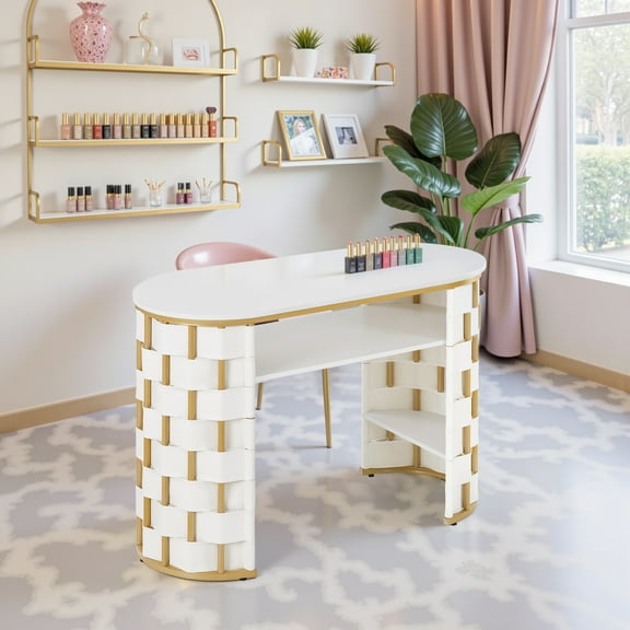 BarberPub Modern Manicure Table Nail Salon Desk, Spa Beauty Station with Open Shelf
