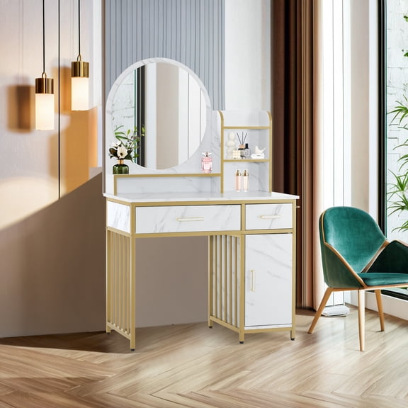 BarberPub Modern Vanity Desk with Drawers, Home Light Luxury Dressing Table, Writing Mirror Dresser for Bedroom, Makeup Station with Open Storage Shelves 3362