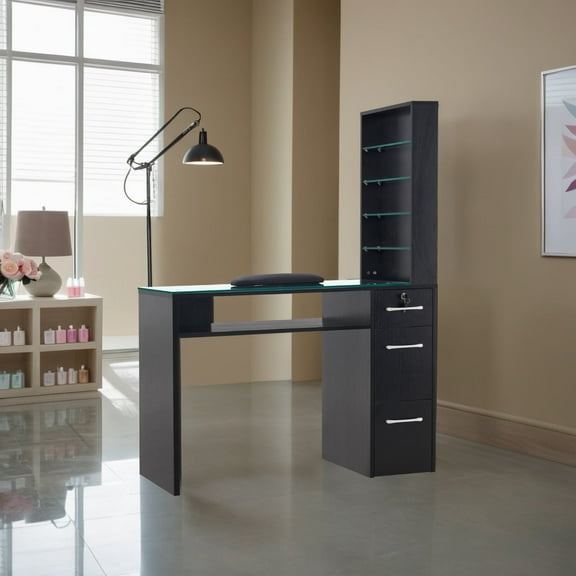 BarberPub Nail Desk with Galss Top, Manicure Table with Drawers and Storage Shelves