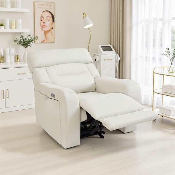 BarberPub Power Esthetician Facial Chair Lash Recliner for Spa Beauty Salon, Zero Gravity, USB&Type C Ports, Extended Footrest, PU Leather, Off-White