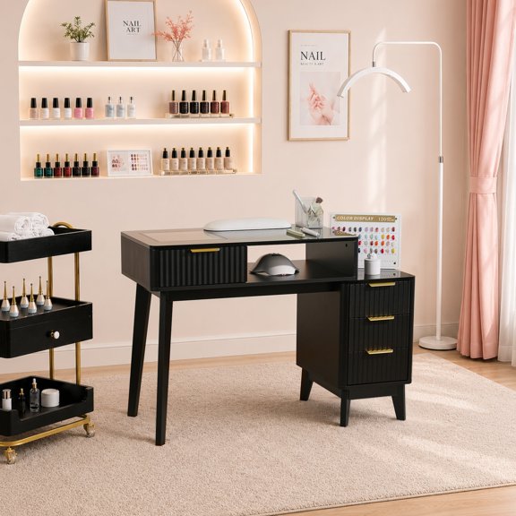 BarberPub Professional Manicure Table, High Gloss Nail Desk with Glass Display & Storage Drawers