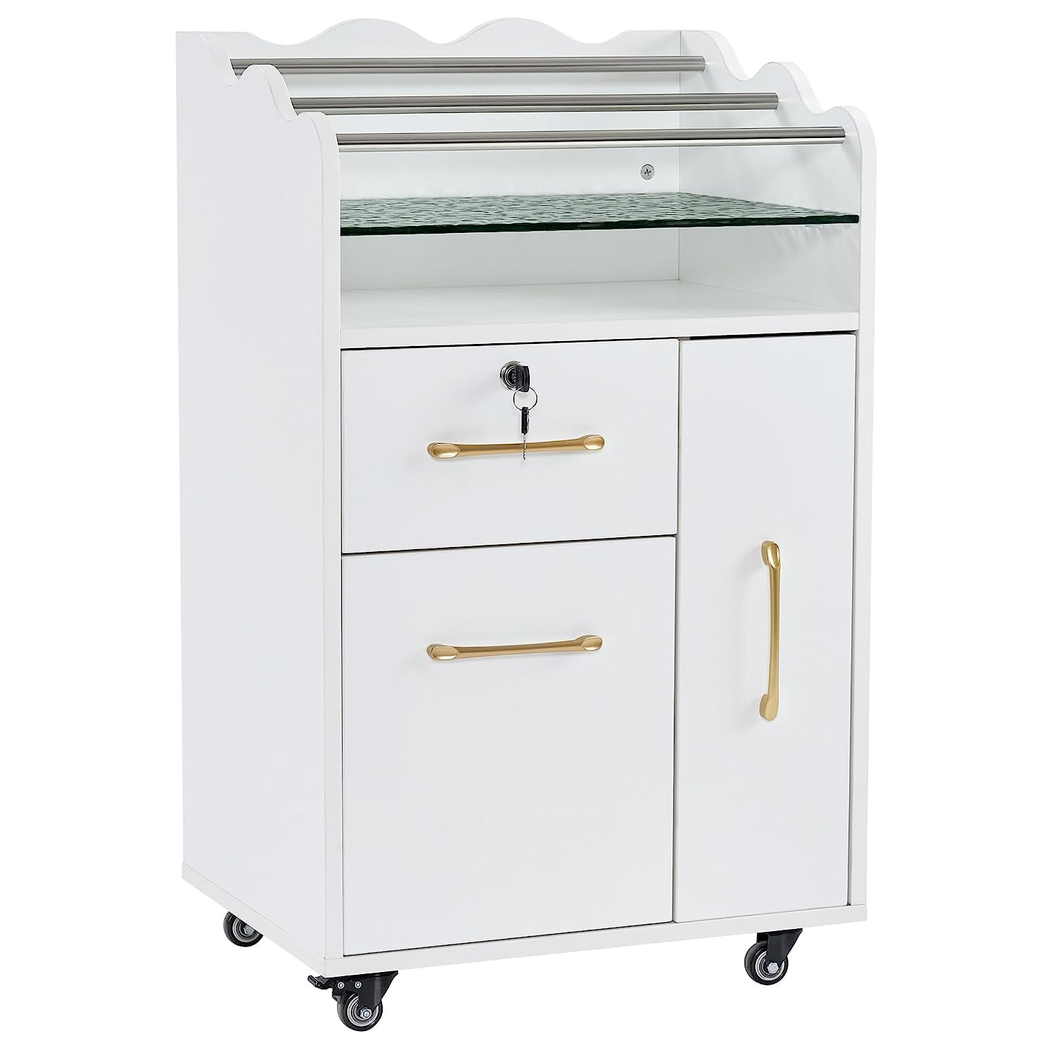 White Rolling Salon Trolley with Glass Shelf and Gold Handles