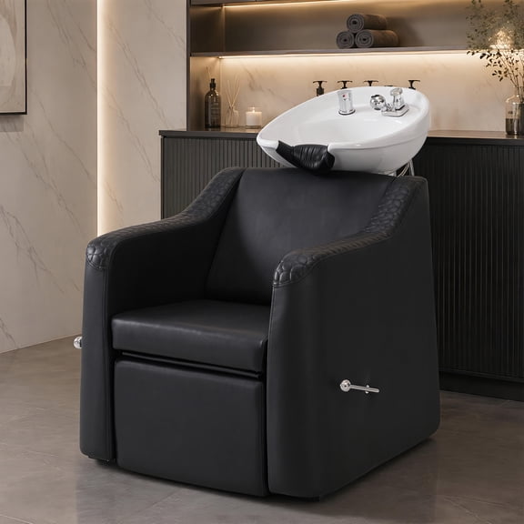 BarberPub Salon Shampoo Bowl and Chair Set, Adjustable Wash Bowl, Dual Side Hand Levers, UPC Certified Vacuum Breaker, Black