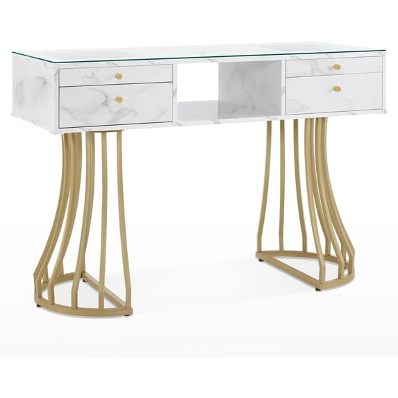 BarberPub Manicure Table Nail Tech Desk with Glass, Acetone Resistant 19.7x 47.2 in, White, 1 Count, 1 Pack