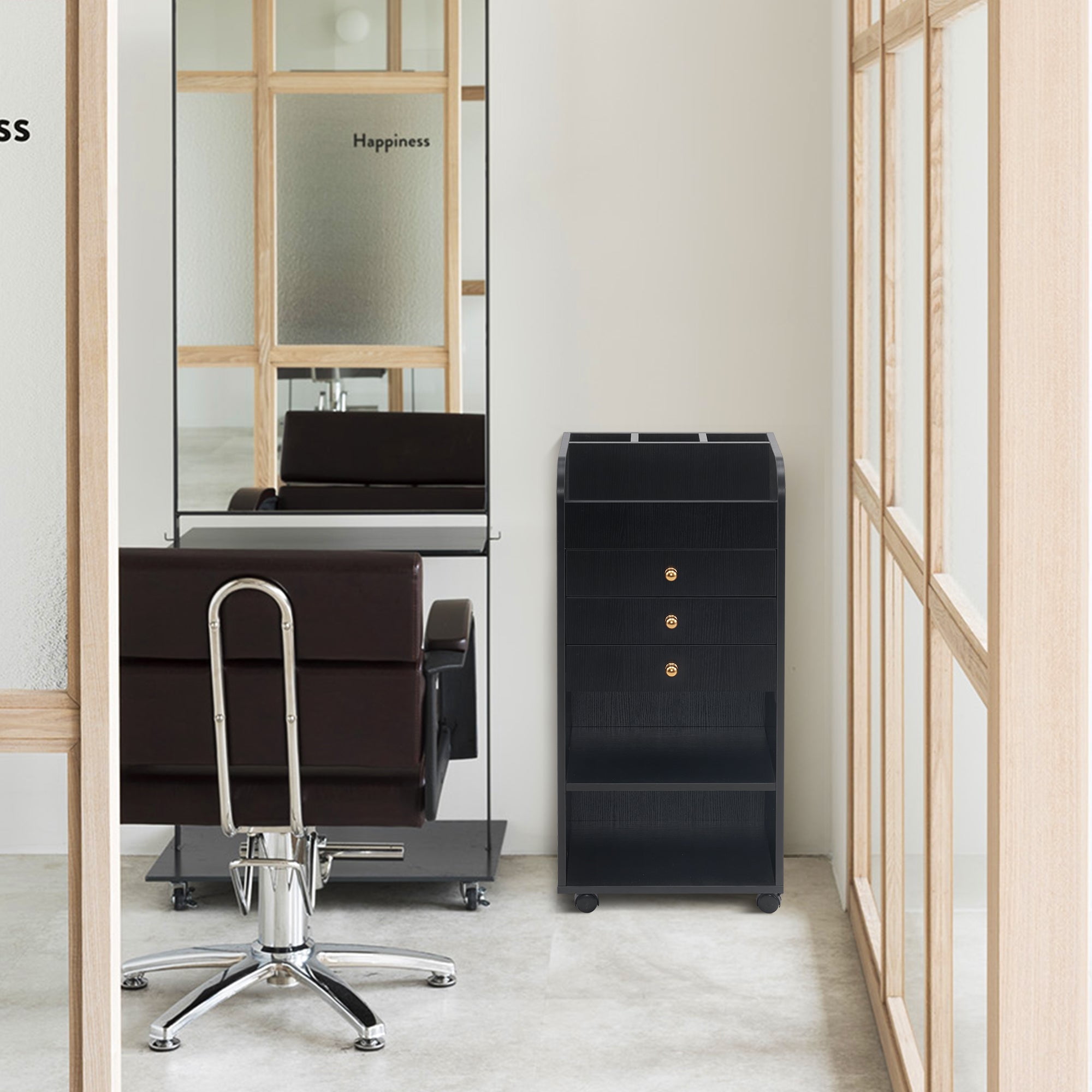 Black Rolling Salon Utility Cart with Gold Knobs