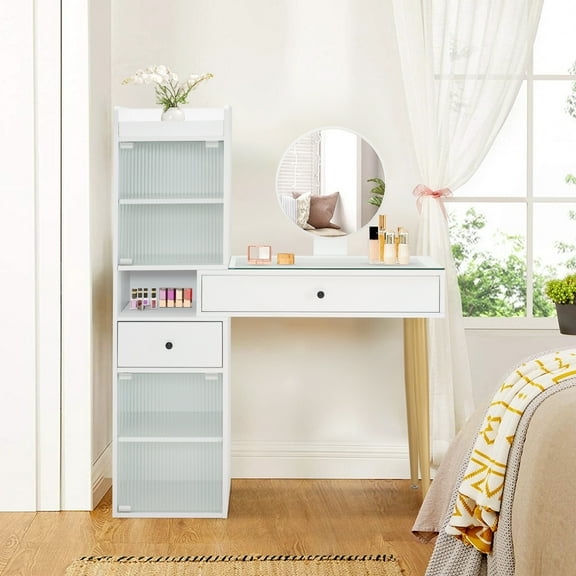 BarberPub Vanity Table with Mirror, Glass-Top Drawer Home Salon Makeup Dressing Table, White