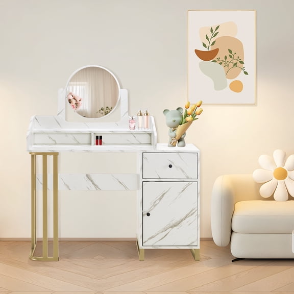 BarberPub Vanity Table with Mirror, Home Dressing Makeup Desk with Drawer for Bedroom, 3388(White)