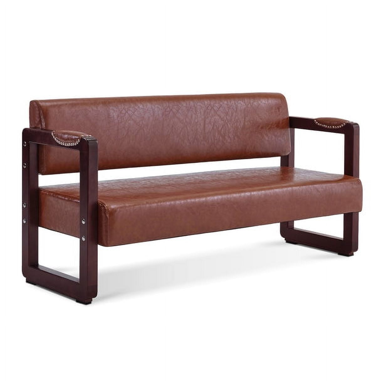 Brown Faux Leather Upholstered Bench with Rivets and Dark Wood Frame