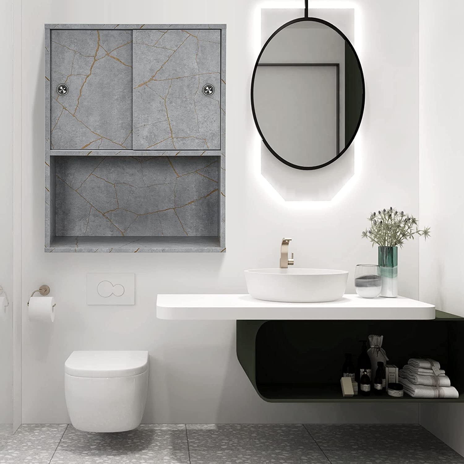 Gold and Gray Particle Board Wall Mounted Salon Cabinet