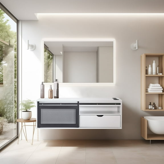 BarberPub Wall Mounted Vanity Cabinet, Hair Styling Barber Station with Tool Holders, White