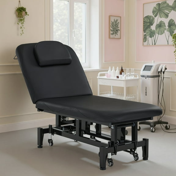BarberPub Wheeled Electric Facial Bed, Powered Salon Spa Bed with Dual Motors, Adjustable Backrest & Height, Black