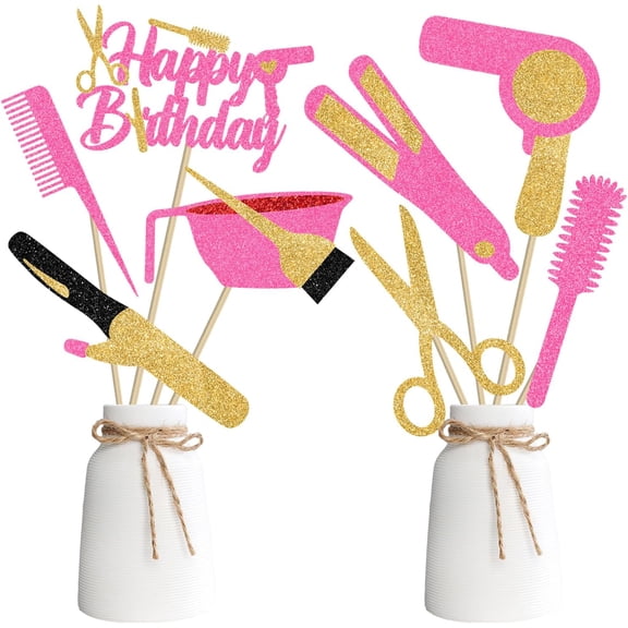Barbershop Centerpiece Sticks 18PCS Makeup Party Table Toppers Glitter Haircut Bachelorette Table Decorations Hairdresser Birthday Centerpieces for Girls Bridal Shower Graduation Party Supplies