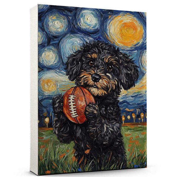 Barbet Cute Dog American Football Canvas Canvas Retro Barbet Dog Batter in Action With American Football for Themed Living Room, Pet Shop Decor
