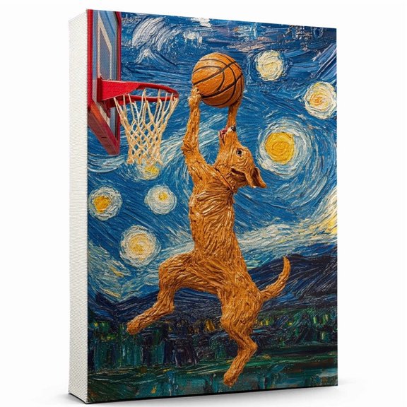 Barbet Cute Dog Basketball Stretched Canvas Size 8x12 – Retro Barbet Dog Batter in Action With Basketball for Themed Living Room
