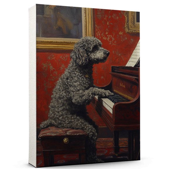 Barbet Cute Dog Piano Stretched Canvas Size 8x12 – Retro Barbet Dog Batter in Action With Piano for Themed Living Room