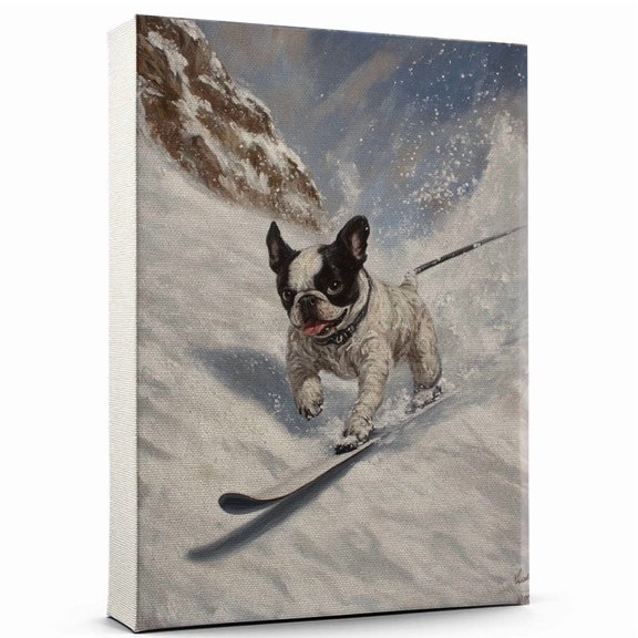 Barbet Cute Dog Skiing Stretched Canvas Size 8x12 – Retro Barbet Dog Batter in Action With Skiing for Themed Living Room