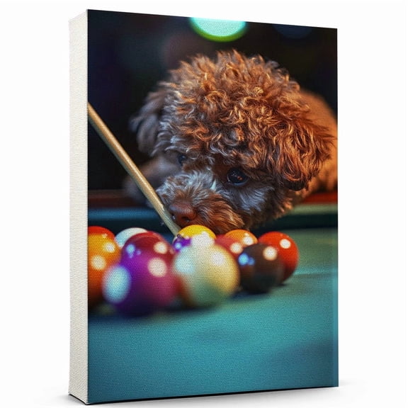 Barbet Dog Canvas Billiards Canvas Cute Barbet Canvas Wall Art of Puppy Playing Billiards, Perfect for Dog and Sports Fans