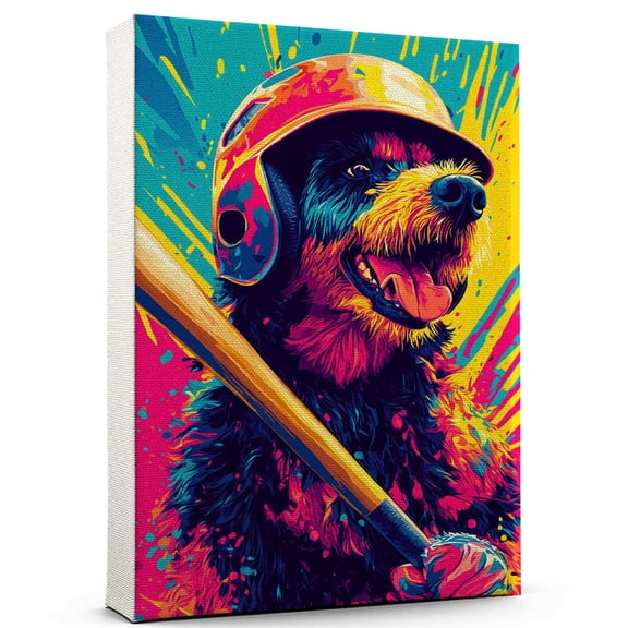 Barbet Dog Canvas Canvas Baseball Theme Dog Art for Wall, Barbet Dog Playing Baseball Wall Art, Dog Lover Canvas Decor