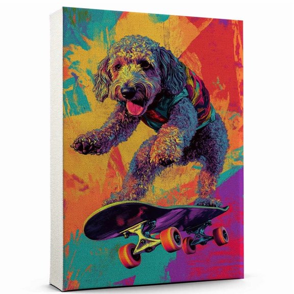 Barbet Dog Skateboarding Art Stretched Canvas Size 8x12 – Barbet Dog Playing Skateboarding Wall Art, Dog Lover Canvas, Sports Theme Decor for Living Room